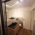 Badezimmer mit Dusche, Waschtisch und Toilette. Holzfußboden und Wanddekoration.