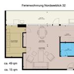Ferienwohnung mit Schlafzimmer, Wohn- und Esszimmer, Küche, Bad und Balkon.
