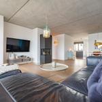 Wohnzimmer mit Sofa, Fernseher und Kamin. Küche mit blauem Kühlschrank sichtbar.