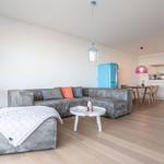 Wohnbereich mit grauem Sofa, blauem Kühlschrank und Holzboden.