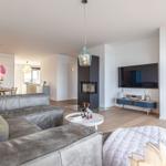 Wohnbereich mit Sofa, Fernseher und Kaminofen. Blauer Kühlschrank und Holzboden sichtbar.