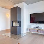 Moderne Wohnfläche mit Kamin, Fernseher und TV-Möbel.