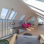 Dachgeschoss mit Holzboden, Dachfenstern und pinkem Sofa.