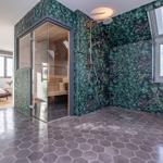 Dusche mit Pflanzenwand und Sauna im Anschluss