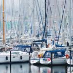 Marina with many sailboats and boats in the water.