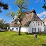 House with thatched roof, white facade and blue window frames in the garden