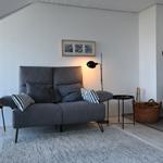 Ein Wohnzimmer mit grauem Sofa, Stehlampe und Kaminofen.