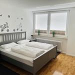 Bedroom with double bed, window, TV and wooden floor.