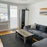 Living room with sofa, table, and windows. Wall picture and cabinet are visible.