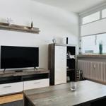 Living room with TV, table, and window. Furniture is modern and simple.
