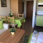 Wohnzimmer mit Esstisch, Sofa und Küchenbereich. Holzmöbel und grüne Tischdecke.