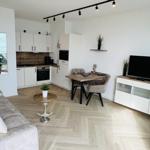 Wohnung mit Küche, Essbereich und Wohnzimmer mit Holzboden und moderner Einrichtung.