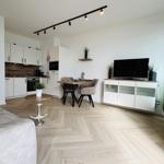 Wohnung mit Küche, Essbereich und TV. Holzboden und moderne Einrichtung.