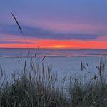 Sonnenuntergang über dem Meer mit Strandgras im Vordergrund.