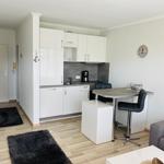 Küche mit Arbeitsplatz, Essbereich und Wohnbereich mit Sofa.