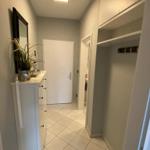 Hallway with closet, mirror cabinet, and plant on sideboard.