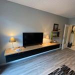 Living room with TV, wooden shelf, and lamps on baseboard.
