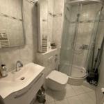 Bathroom with shower, sink and toilet.