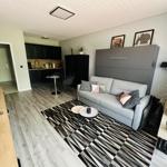 Living area with sofa, kitchenette, and modern flooring.