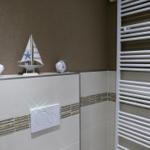 Bathroom with heater, toilet, and decorative fish and sailboat.