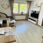 Living room with sofa, TV, and window to the garden.