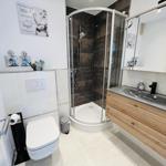 Bathroom with shower, sink, and toilet. Wall decor and mirror visible.
