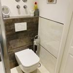 Hochwertige Toilette mit modernem Wandspülkasten und dekorativen Wandkacheln.