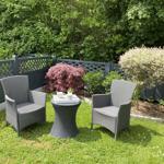 Garten mit zwei Stühlen und Tisch, umgeben von Pflanzen und Zaun.