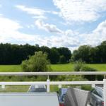 Balcony with table and chairs offers view of green field and forest.