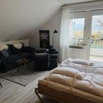 Schlafzimmer mit Schlafcouch, Sitzbereich und Balkonansicht.