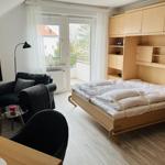 Schlafzimmer mit Klappbett und integriertem Schrank. Fenster mit Blick auf Balkon.