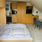 Schlafzimmer mit Bett, Küchenzeile und Esstisch.