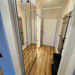 Flur mit Spiegelschrank, Holzboden und Deckenleuchten.