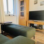 Ein Wohnzimmer mit grünem Sofa, Fernseher und Holzmöbeln.