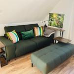 Grünes Sofa mit Kissen, Sitzbank und Tisch im Wohnzimmer mit Holzboden und Fenster.