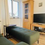 Wohnzimmer mit grünem Sitzbank, Fernseher und Holzmöbeln.