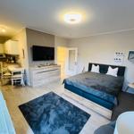 Schlafzimmer mit Bett, Fernseher und Küchenbereich.