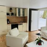 Wohnbereich mit Küche, Sitzgelegenheiten und Blick auf verschneite Landschaft.