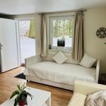 Wohnraum mit Schlafsofa, Fenster und Tür zum Garten.