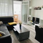 Wohnzimmer mit Sofa, Couchtisch und TV. Balkon mit Sitzgelegenheit.