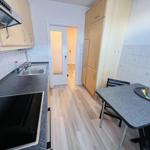 Küche mit Arbeitsplatte, Spüle und Kochfeld. Tisch mit Stühlen und Schrank im Hintergrund.