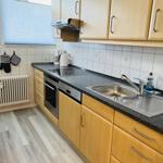 Küche mit Holzschränken, Edelstahlspüle und Kochfeld.