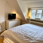 Schlafzimmer mit Dachschräge, Bett, TV und Fenster mit Blick.