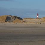 Roter Leuchtturm auf Dünen am Strand