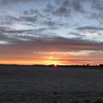 Sonnenuntergang über Felder mit Haus und Bäumen am Horizont.