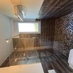 Shower with glass wall, mosaic wall, and window