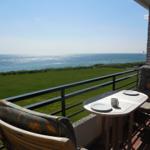 Terrasse mit Tisch und Stühlen, Blick auf grünes Feld und Meer.