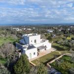 White house with terrace and garden, surrounded by olive trees and sea view.