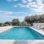 Pool with loungers, stone wall, and olive trees under blue sky.