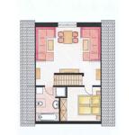 Dies ist eine Grundrisszeichnung einer Wohnung mit Küche, Wohnbereich, Schlafzimmer und Bad.